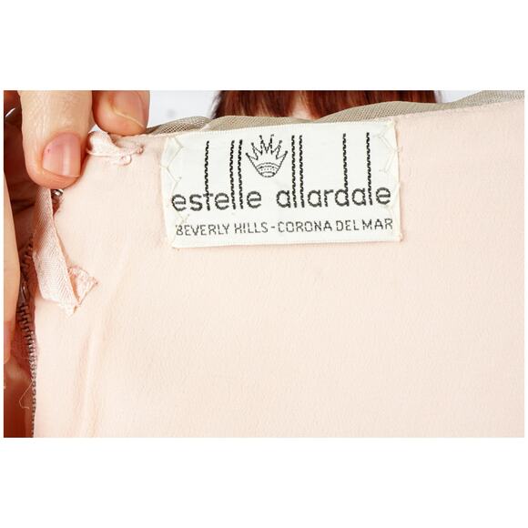 Vintage 60s Pink Silk Chiffon Maxi Dress Beaded Bodice Estelle Allardale | S/M - Picture 8 of 10